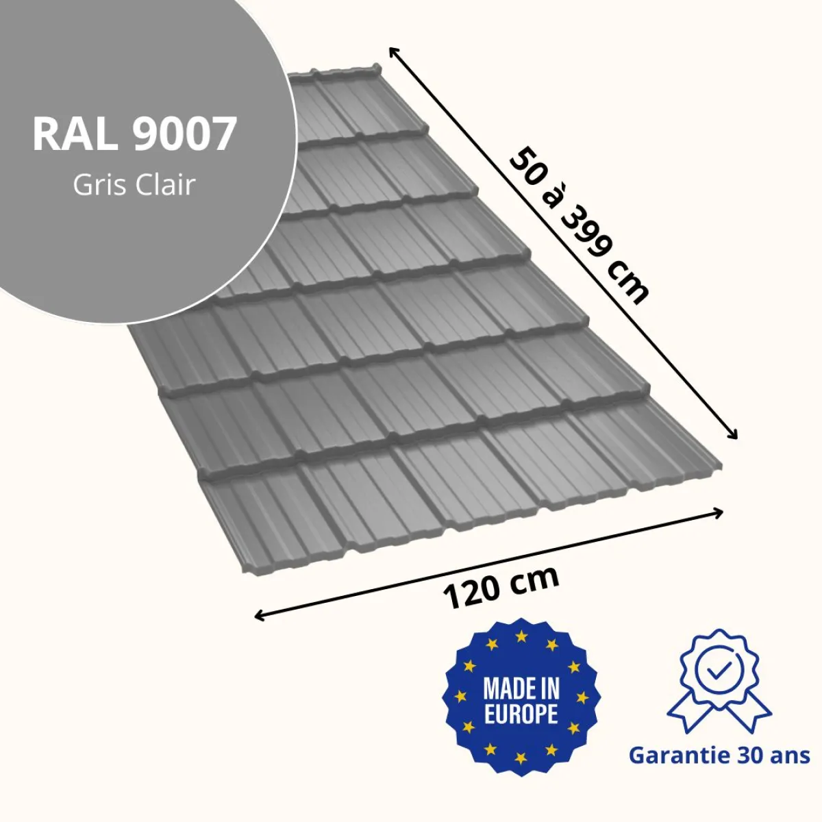 Tôle imitation tuile Horizon Gris Clair brillant