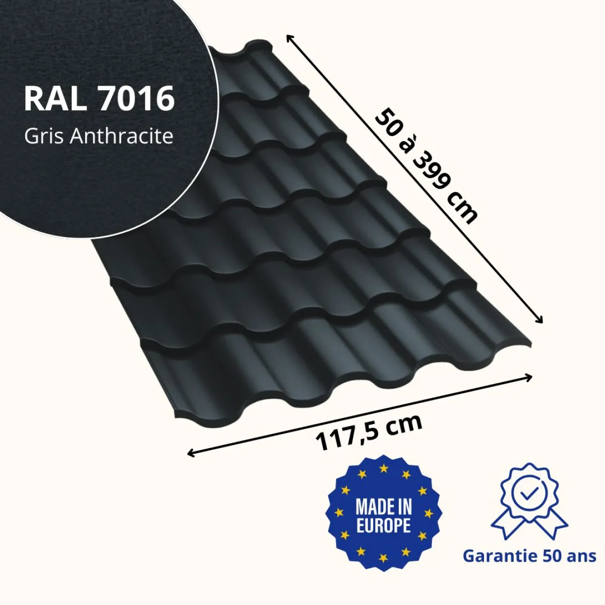 Tôle imitation tuile Centro Gris Anthracite mat