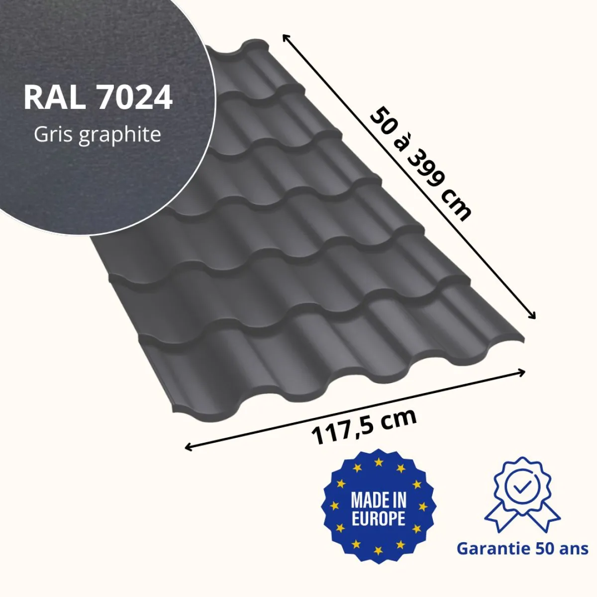 Tôle imitation tuile Centro Gris Graphite mat