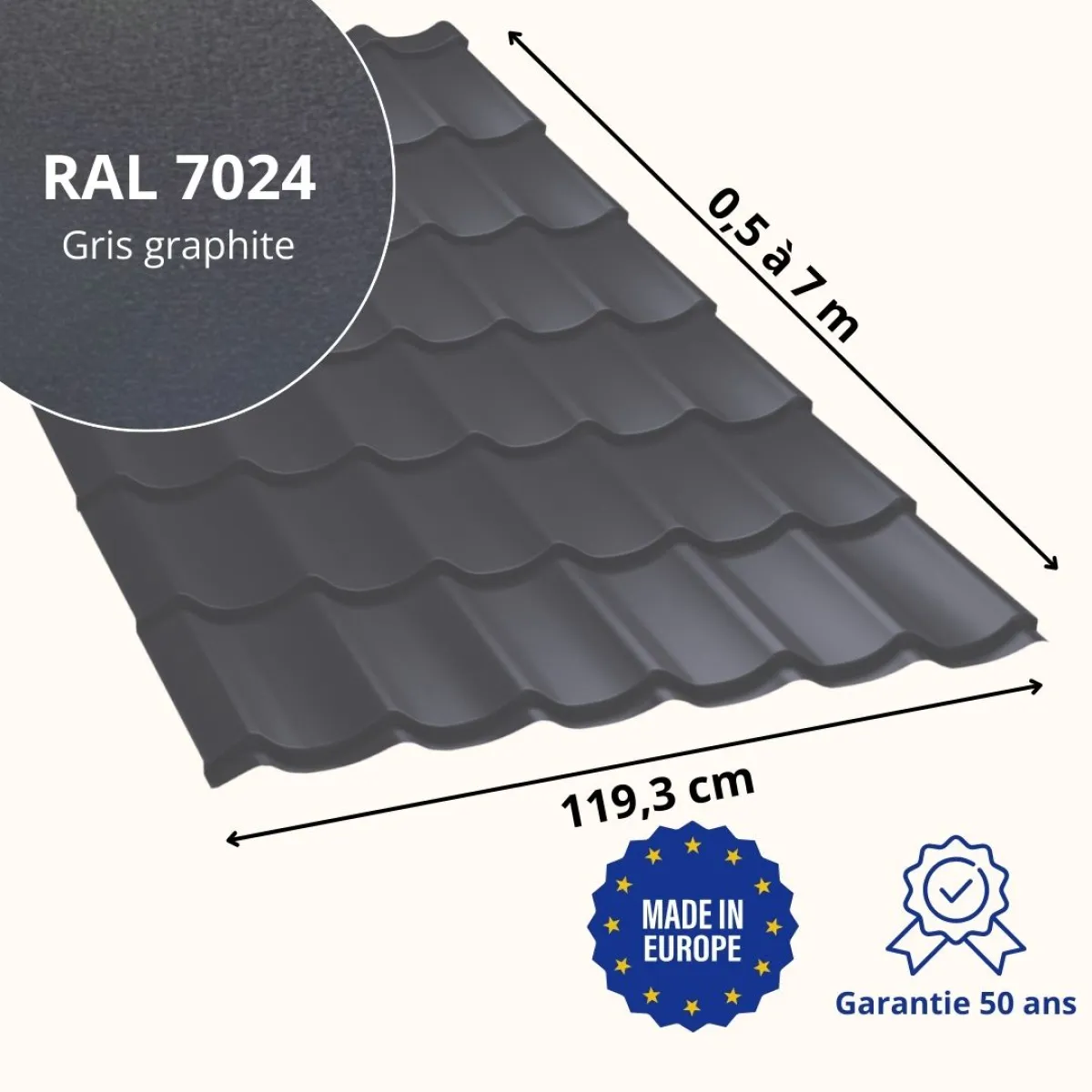 Tôle imitation tuile Platino Gris Graphite mat