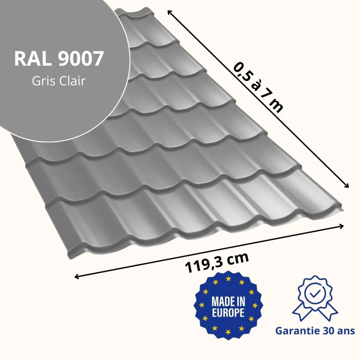 Tôle imitation tuile Platino Gris Clair brillant