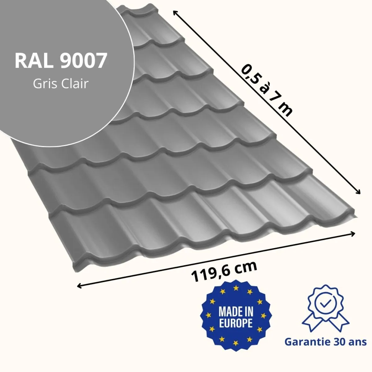 Tôle imitation tuile Vello Gris Clair brillant