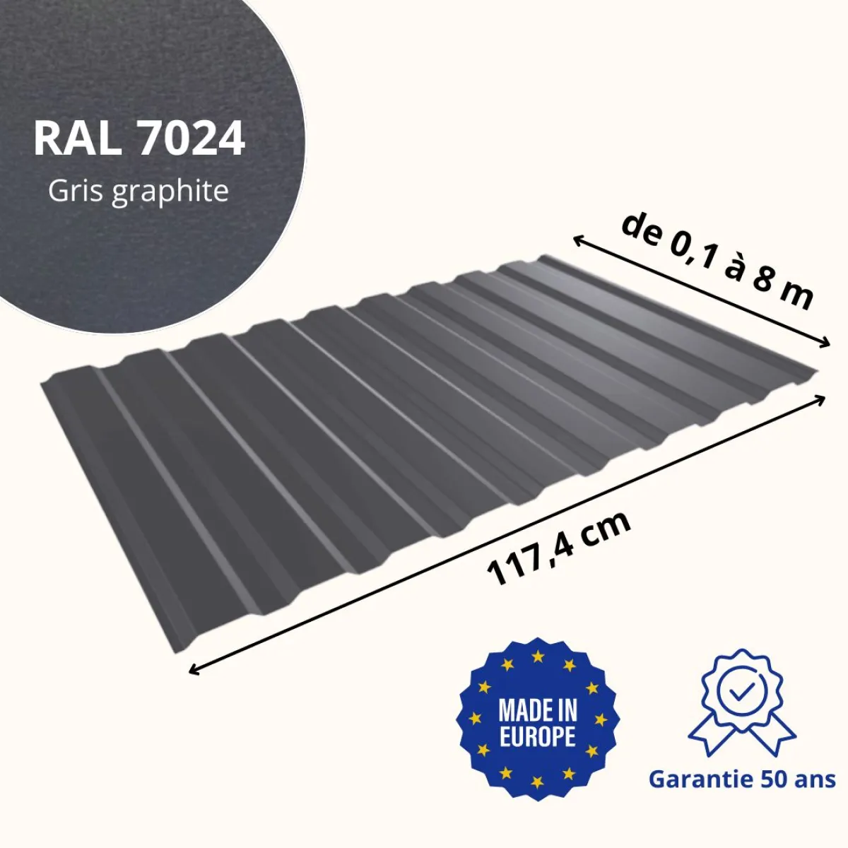 Tôle de bardage bac acier Medio Gris Graphite mat