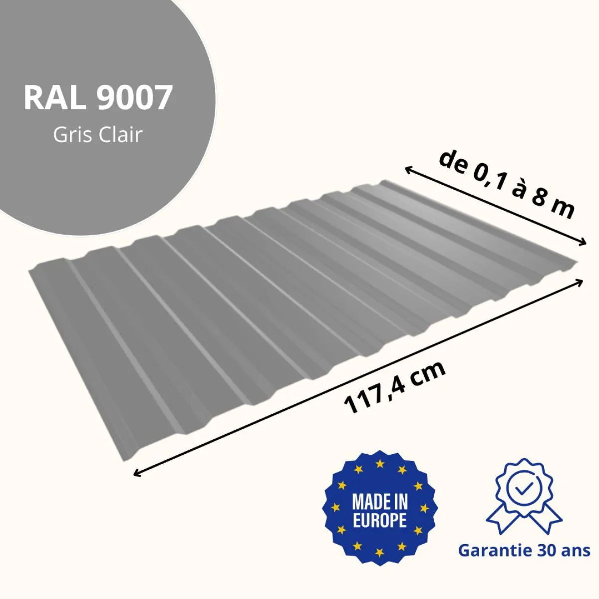 Tôle de bardage bac acier Medio Gris Clair brillant