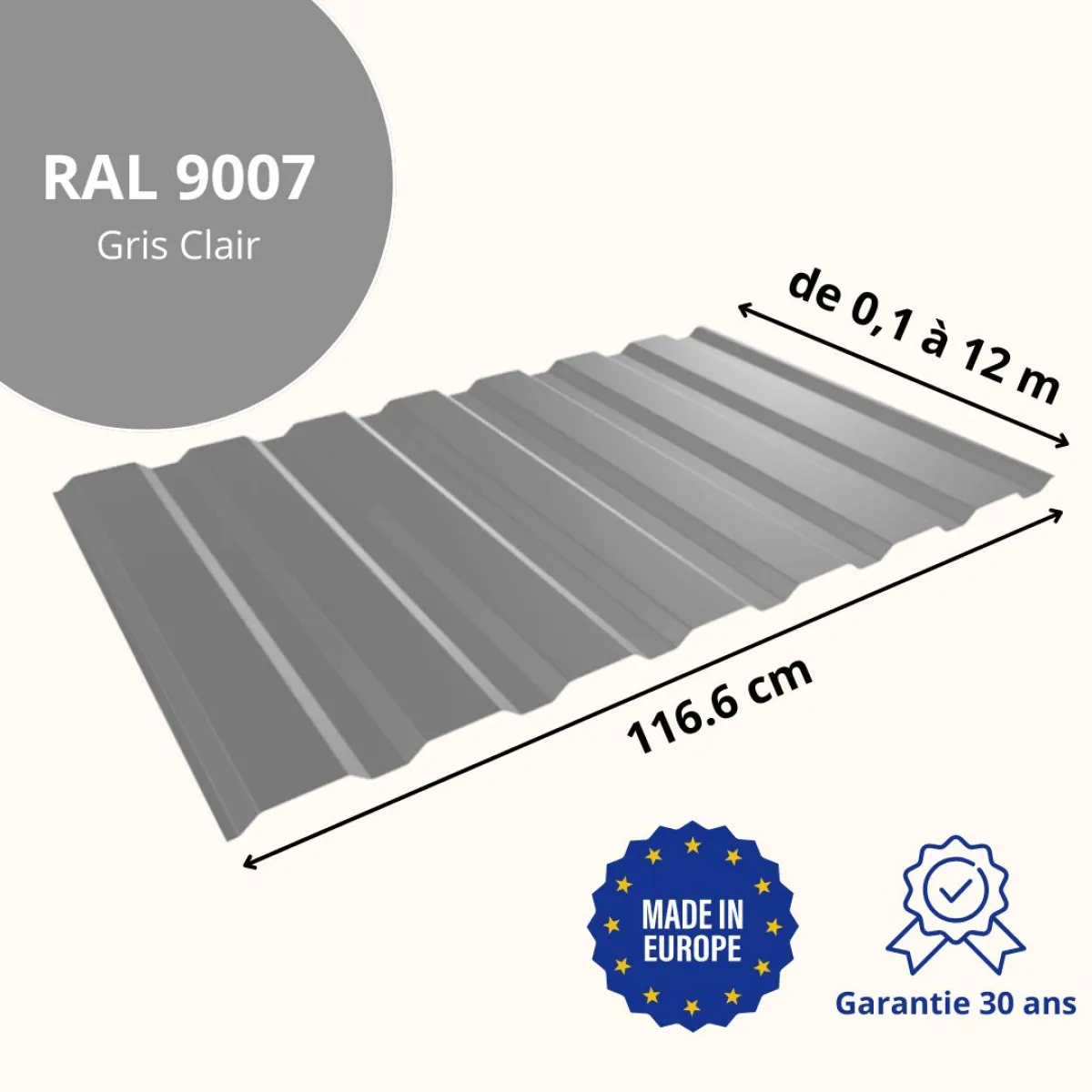 Tôle de bardage bac acier Vigo Gris Clair brillant