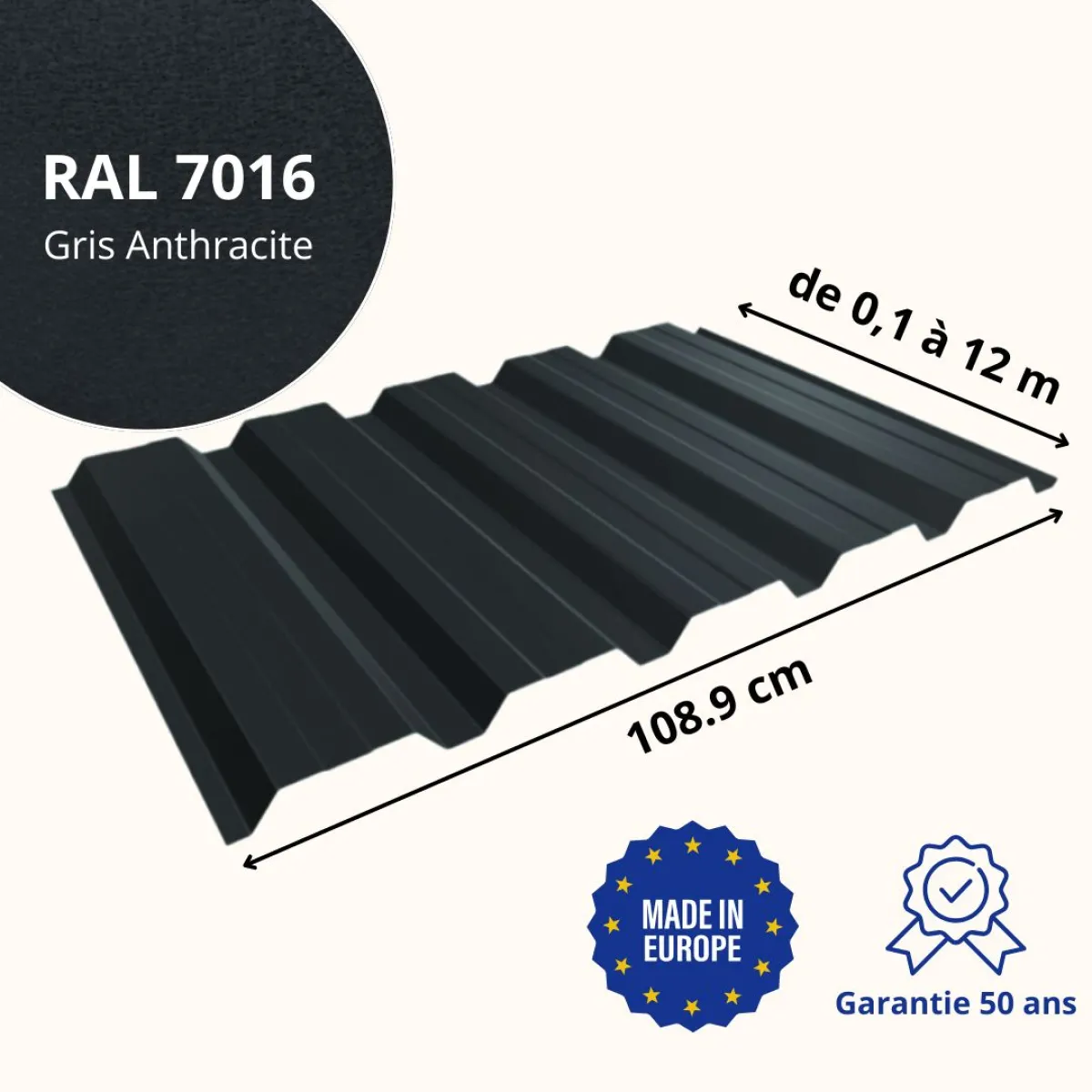 Tôle de bardage bac acier Alto Gris Anthracite mat