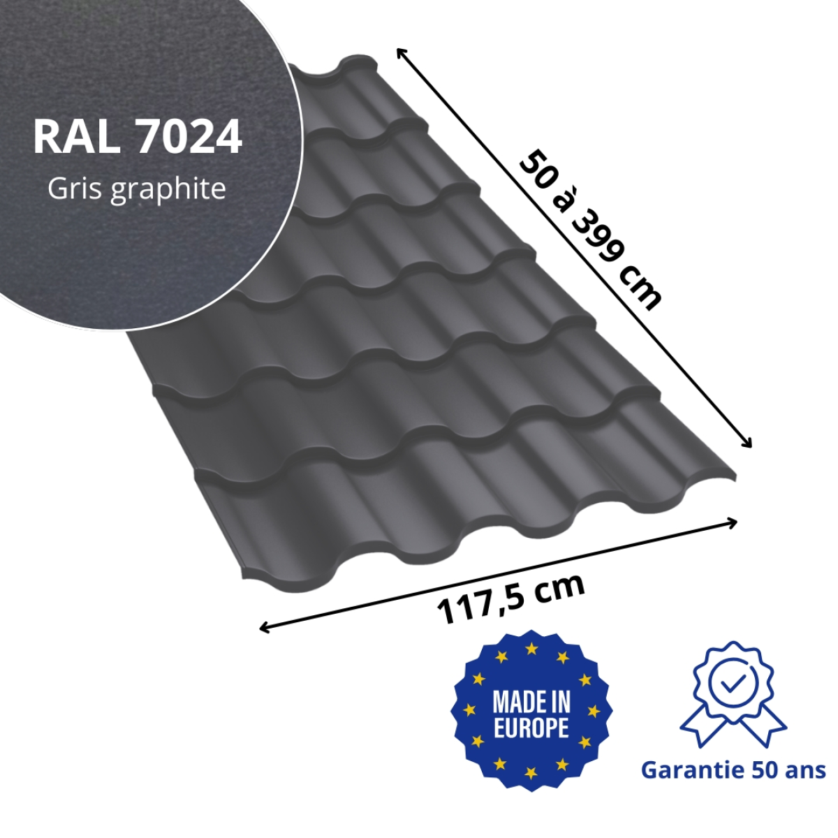 Tôle imitation tuile Centro Gris Graphite mat