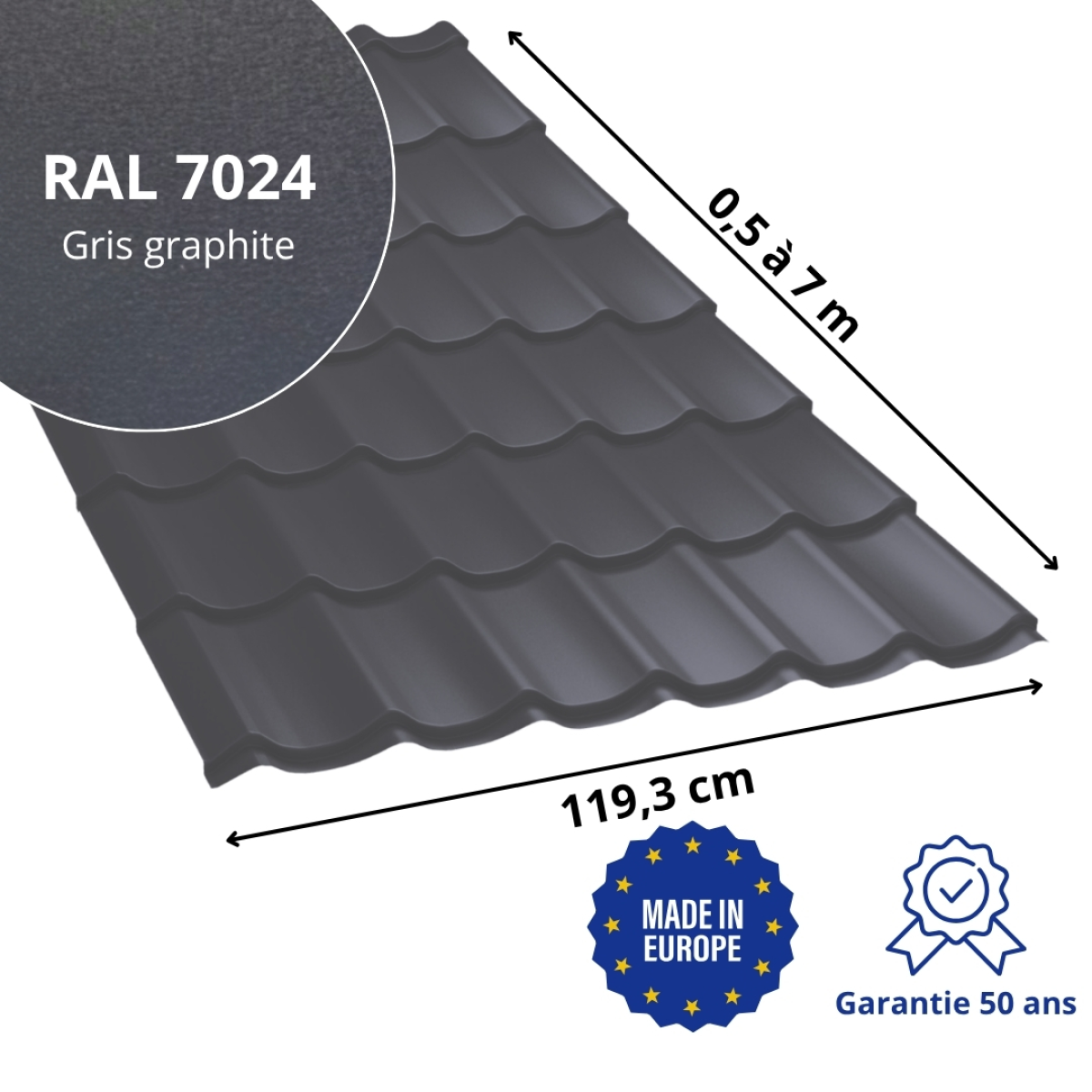 Tôle imitation tuile Platino Gris Graphite mat