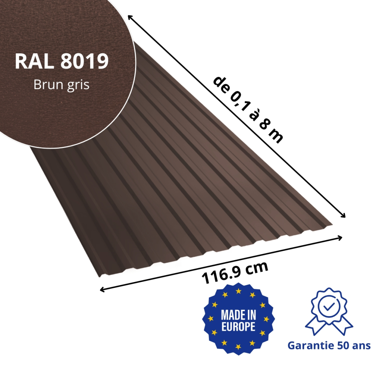 Tôle de toiture bac acier Medio Brun Gris mat