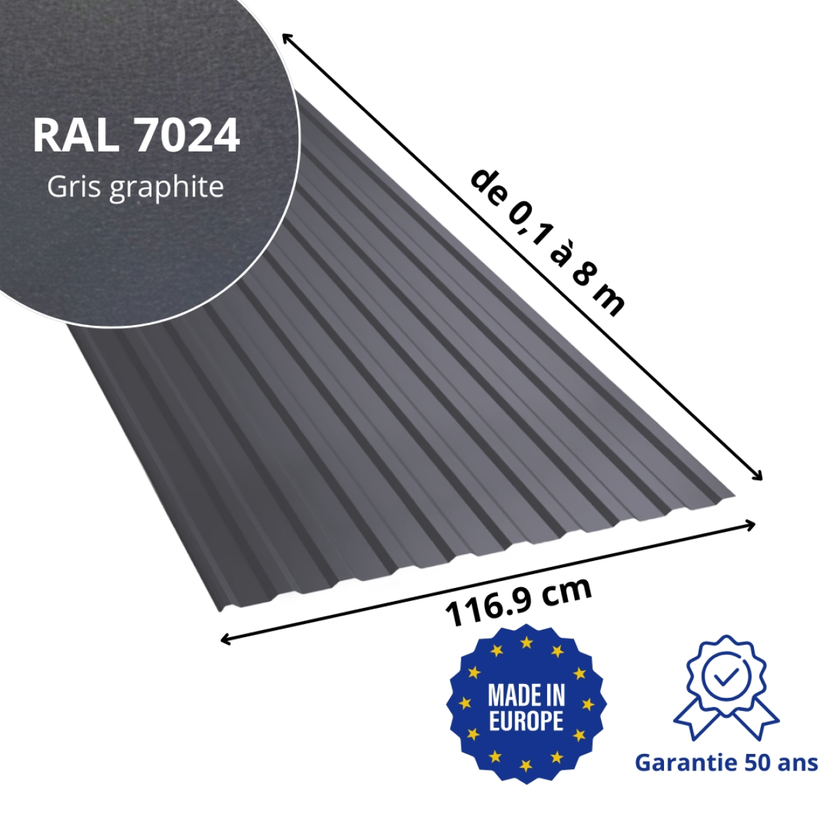 Tôle de toiture bac acier Medio Gris Graphite mat