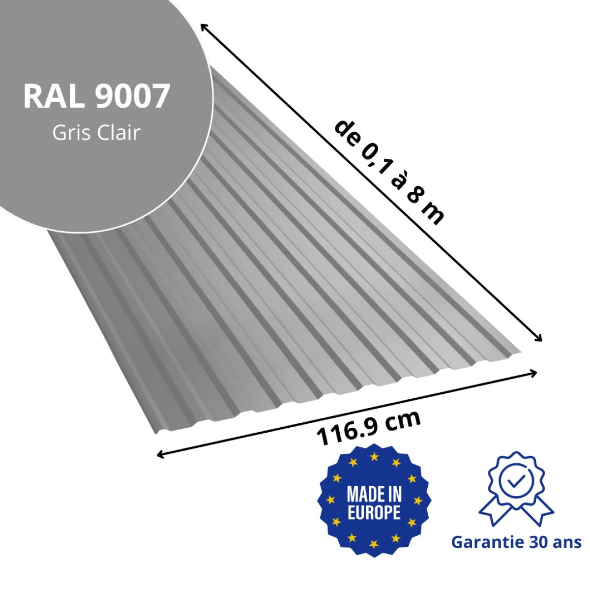 Tôle de toiture bac acier Medio Gris Clair brillant