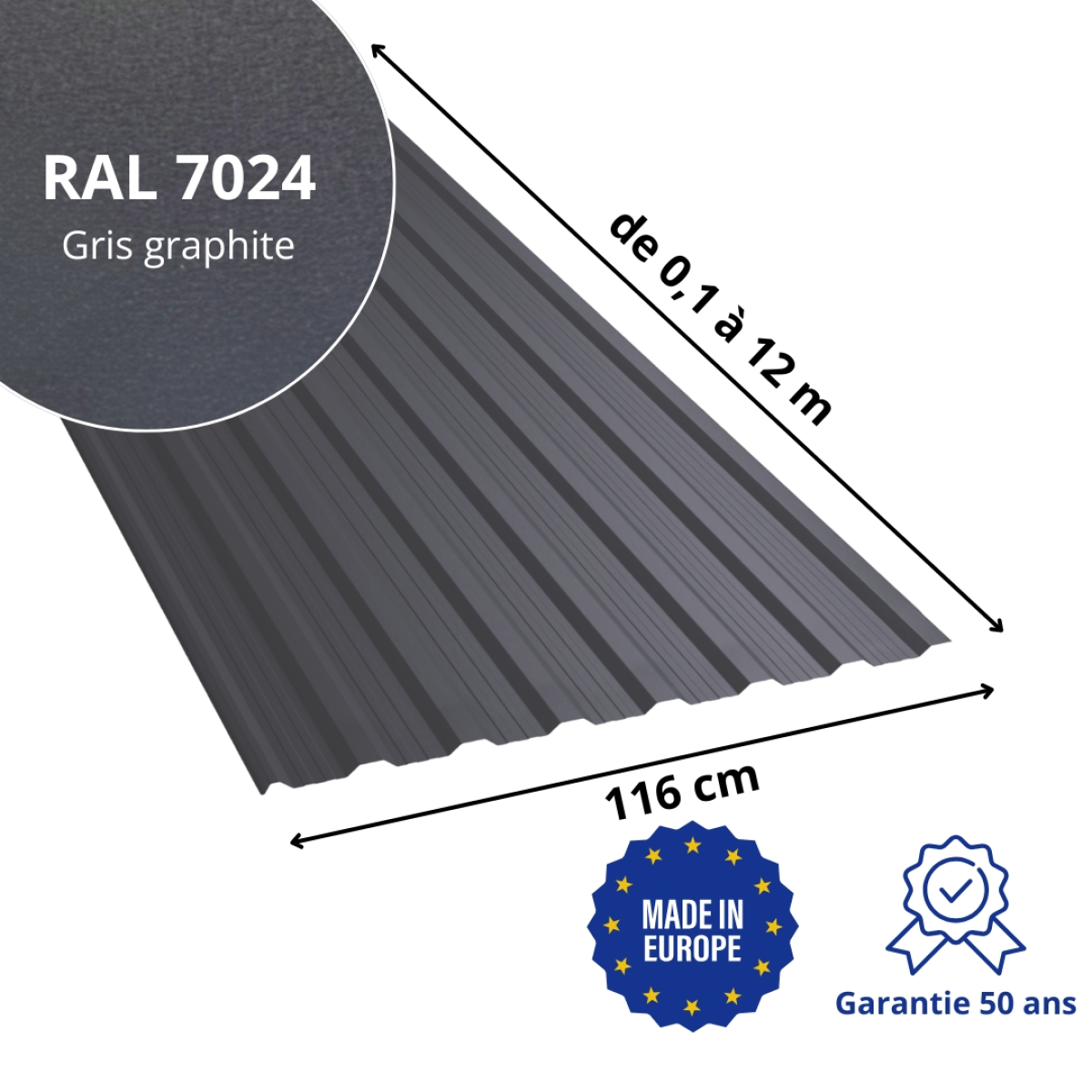 Tôle de toiture bac acier Vigo Gris Graphite mat