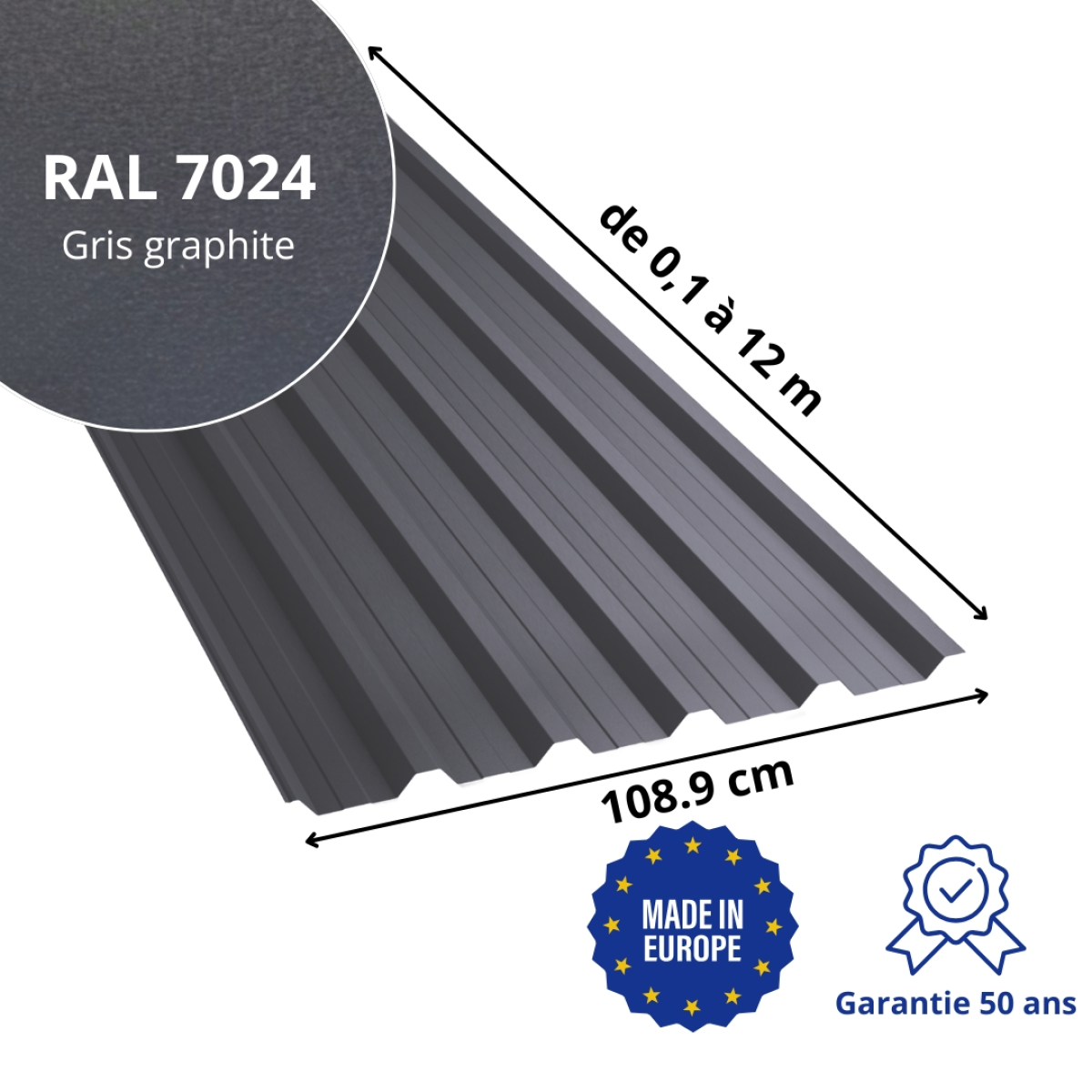 Tôle de toiture bac acier Alto Gris Graphite mat