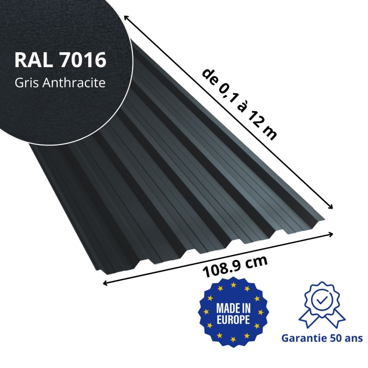 Tôle de toiture bac acier Alto Gris Anthracite mat
