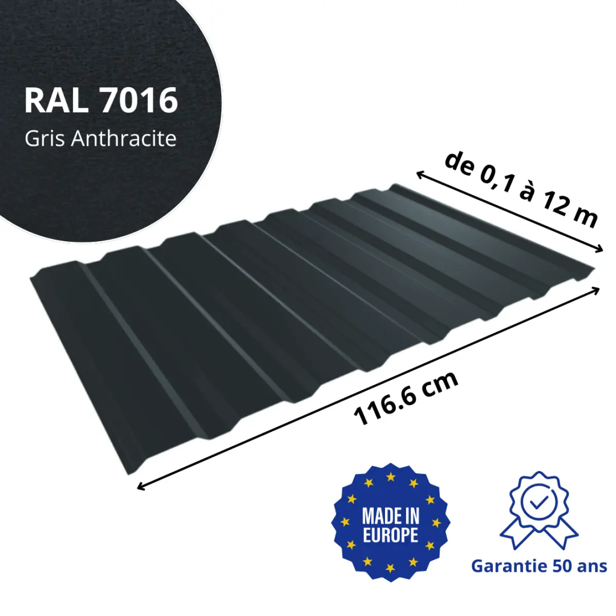 Tôle de bardage bac acier Vigo Gris Anthracite mat