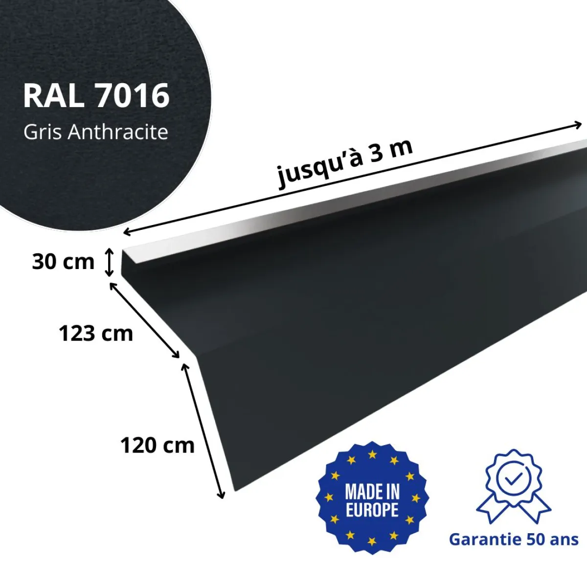 Tôle de gouttière avec surplomb pour toiture Savanna Gris Anthracite mat