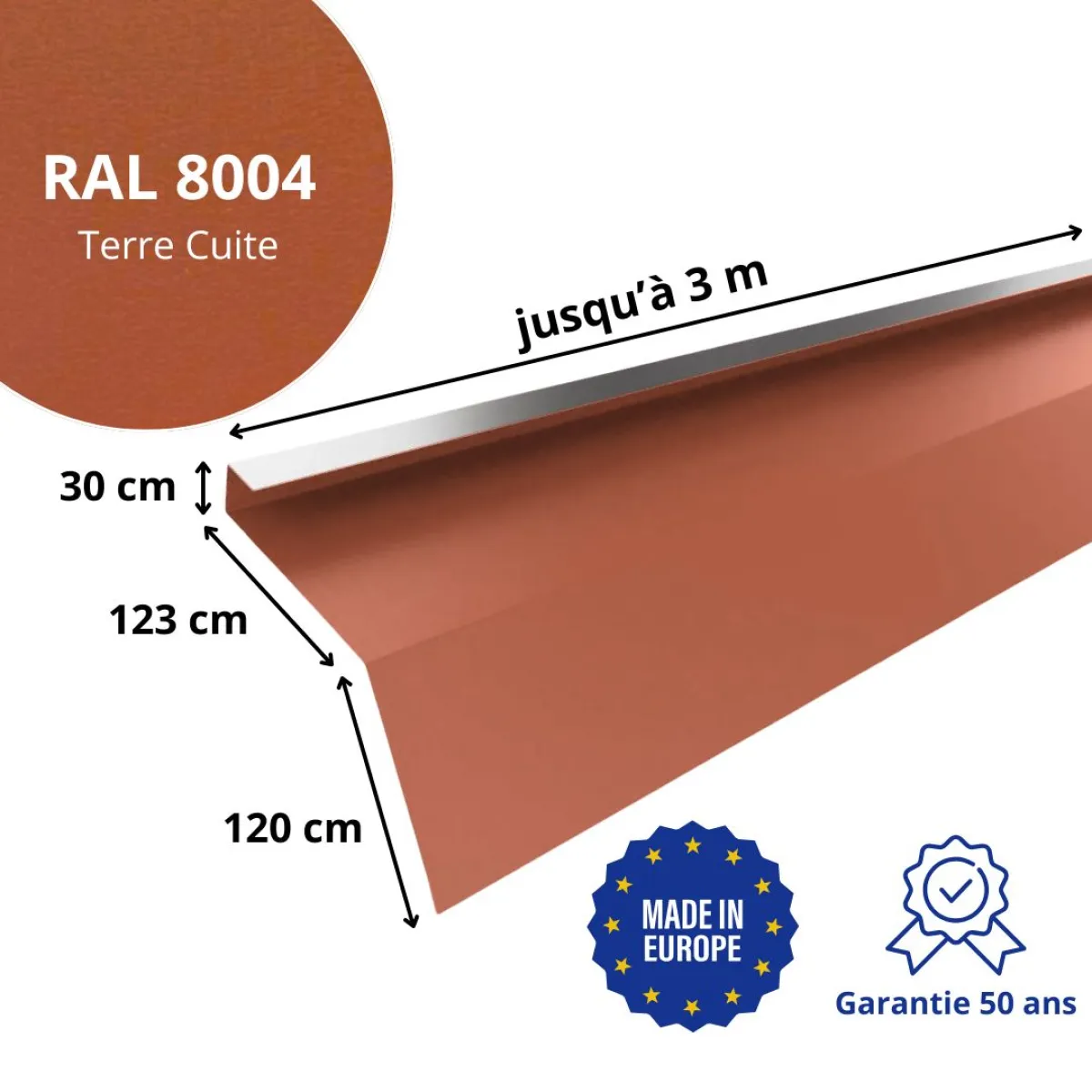 Tôle de gouttière avec surplomb pour toiture Savanna Terre Cuite mat