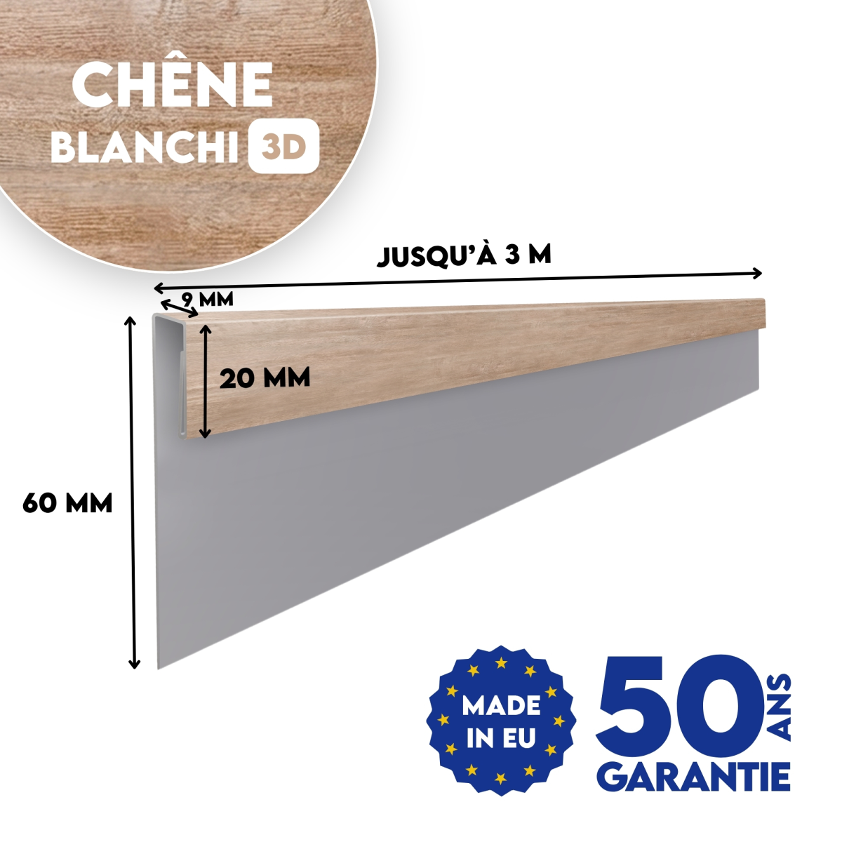 Profil d'angle J-Type finition Chêne Blanchi 3D