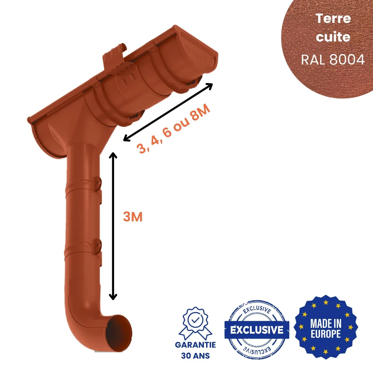 Kit Gouttière Demi-ronde Acier Terre Cuite brillant