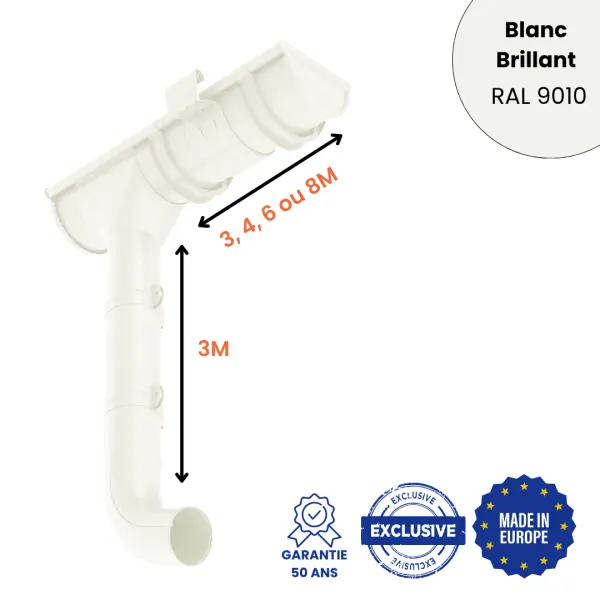 Kit Gouttière Demi-ronde Acier Blanc Brillant