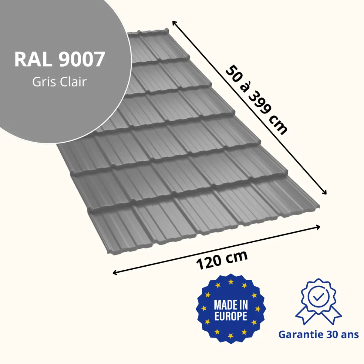 Tôle imitation tuile Horizon Gris Clair Brillant