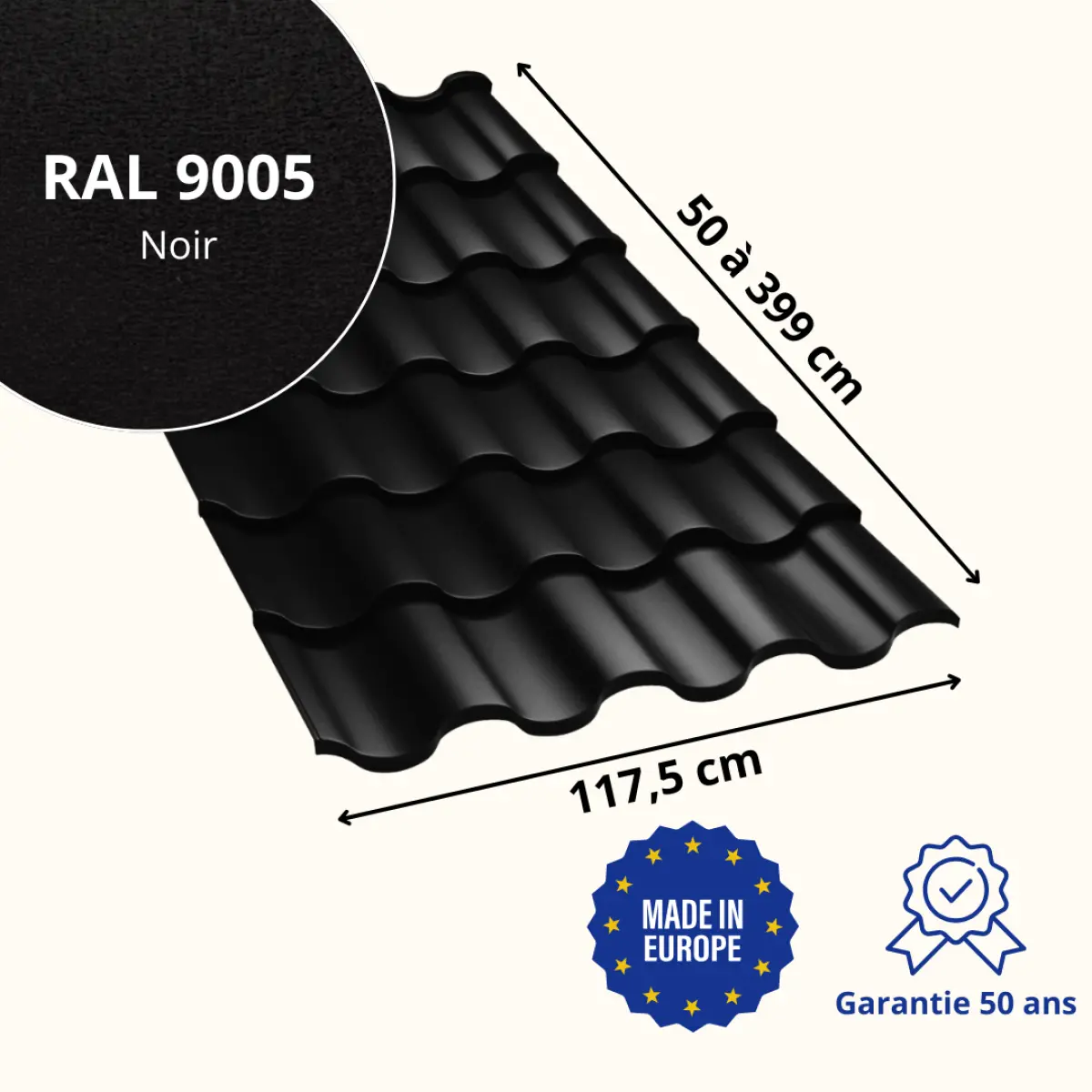 Tôle imitation tuile Centro Noir Mat