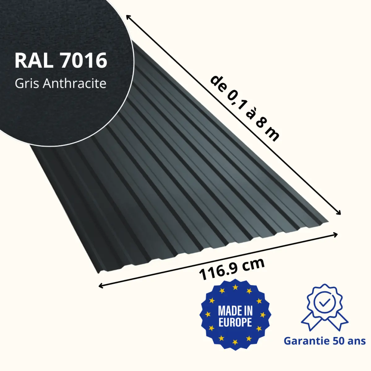 Tôle de toiture bac acier Medio Gris Anthracite mat