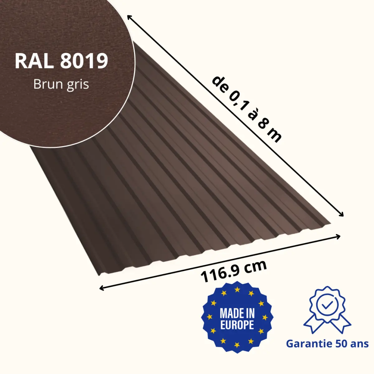 Tôle de toiture bac acier Medio Brun Gris mat