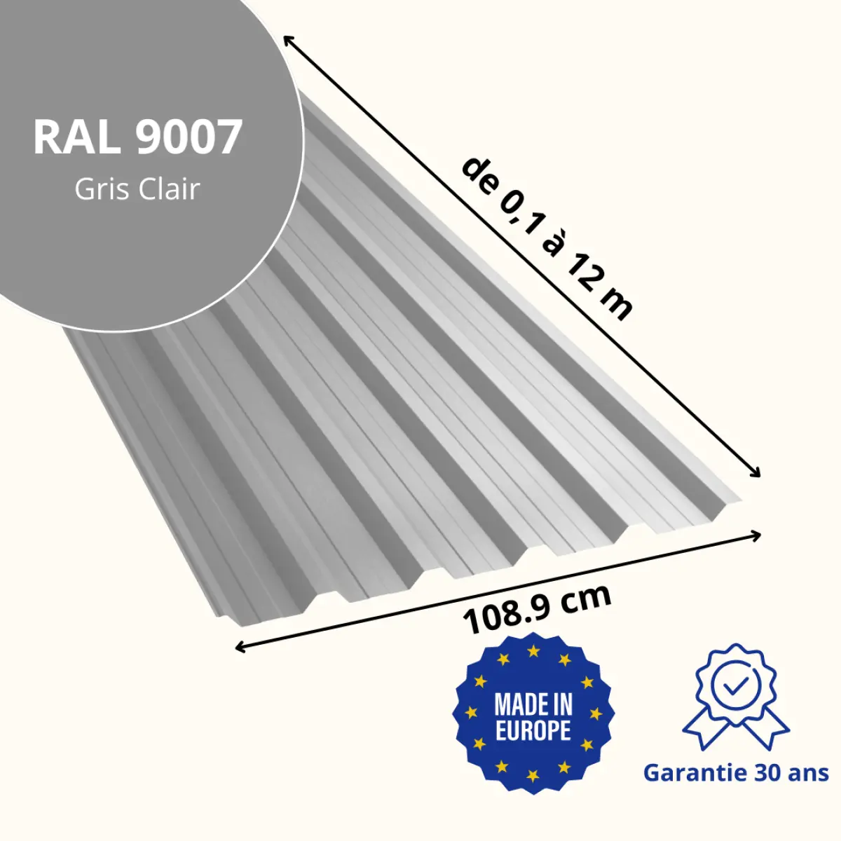 Tôle de toiture bac acier Alto Gris Clair brillant