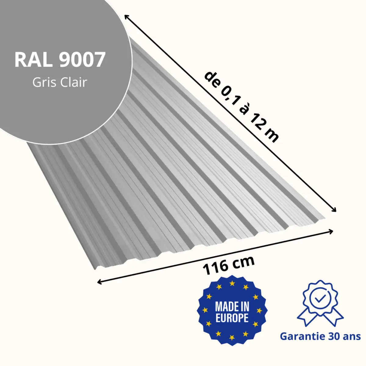 Tôle de toiture bac acier Vigo Gris Clair brillant