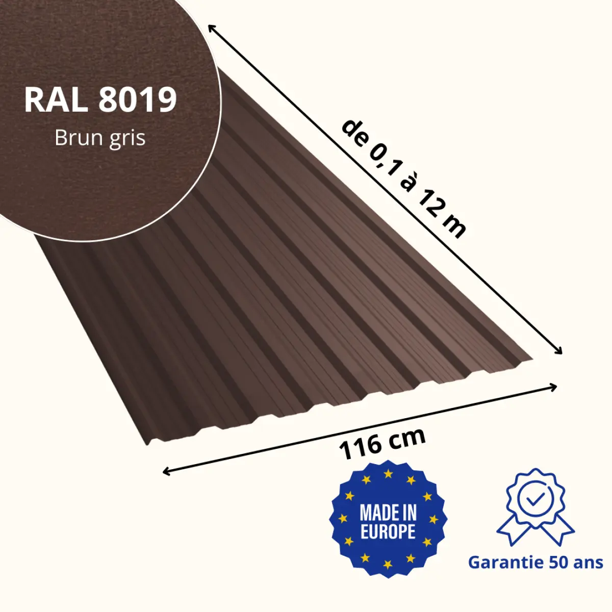 Tôle de toiture bac acier Vigo Brun Gris mat