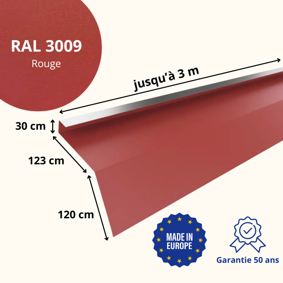 Tôle de gouttière avec surplomb pour toiture Savanna Rouge Mat