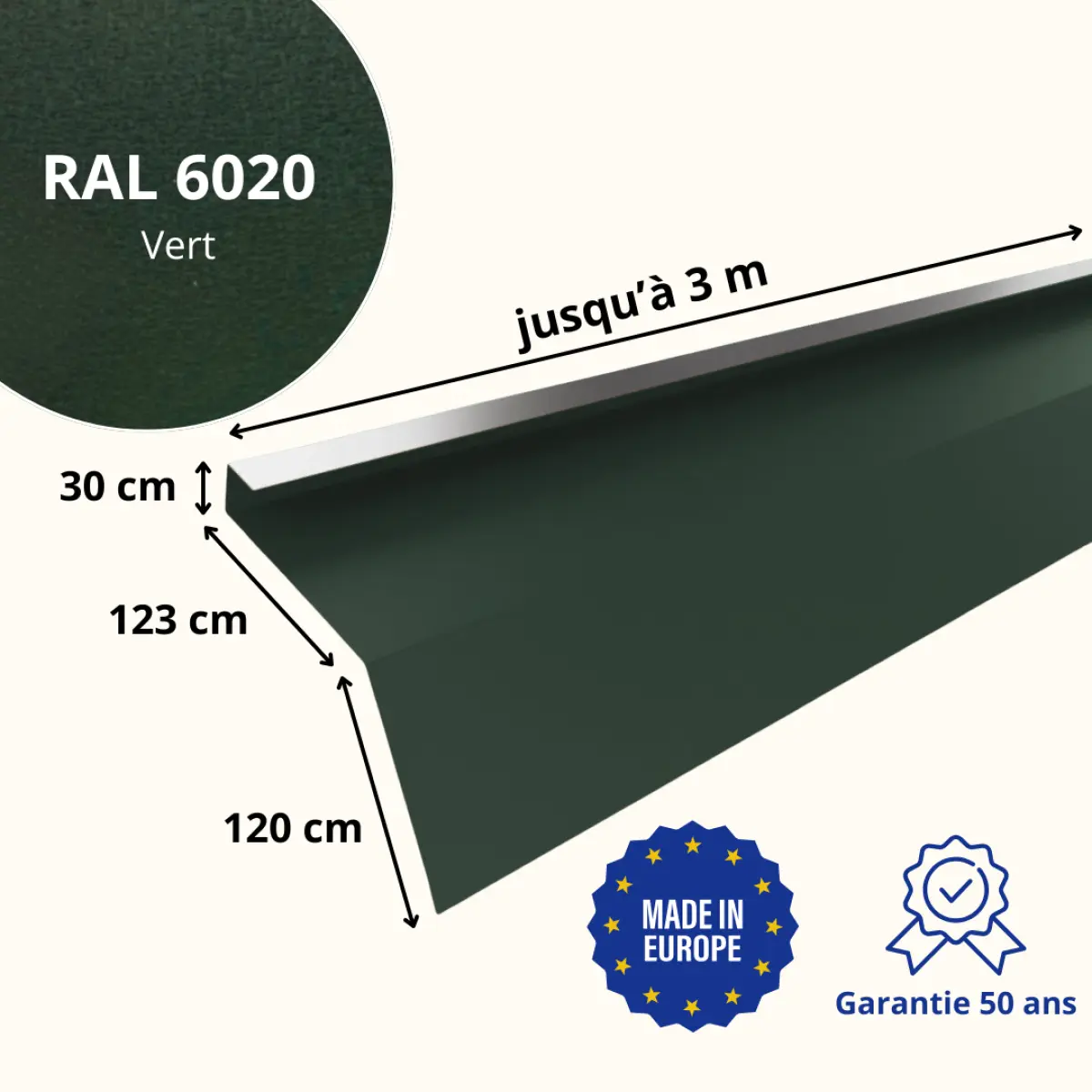 Tôle de gouttière avec surplomb pour toiture Savanna Vert mat