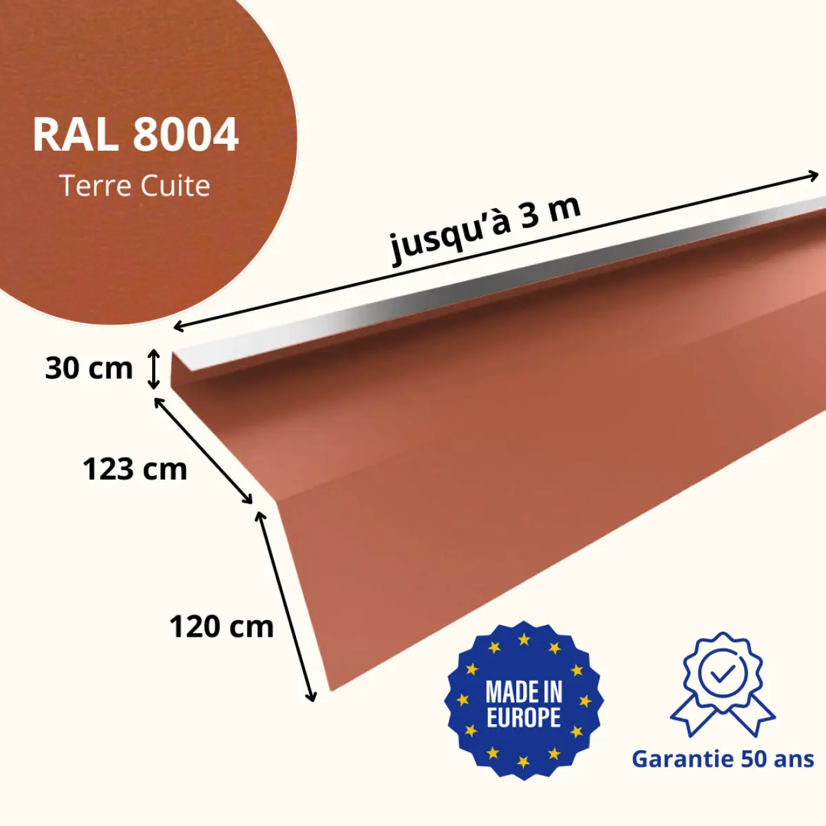 Tôle de gouttière avec surplomb pour toiture Savanna Terre Cuite mat