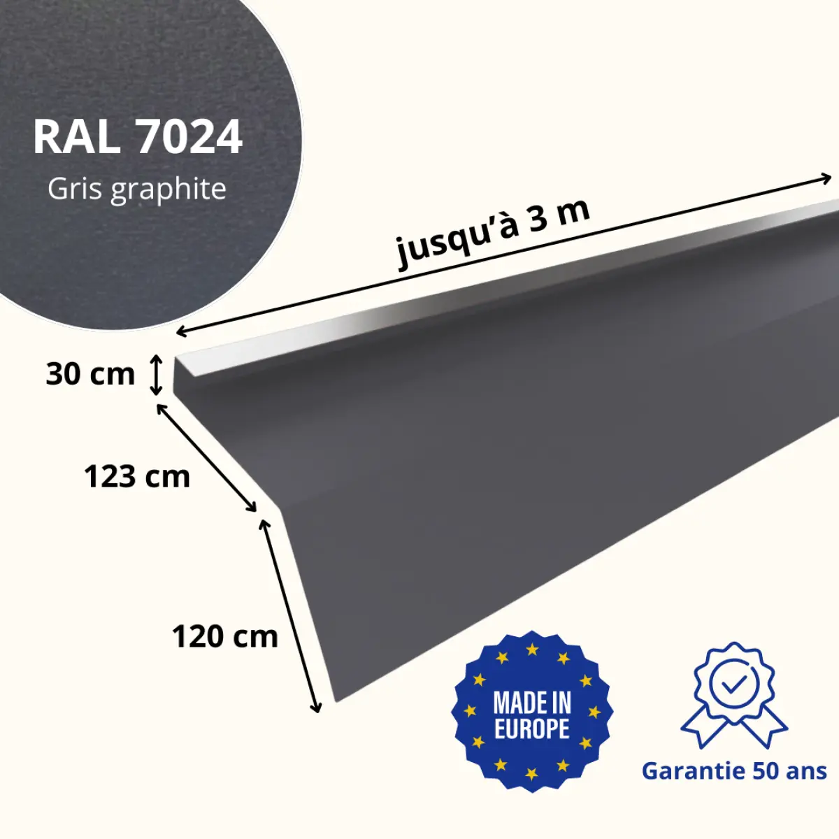 Tôle de gouttière avec surplomb pour toiture Savanna Gris Graphite Mat