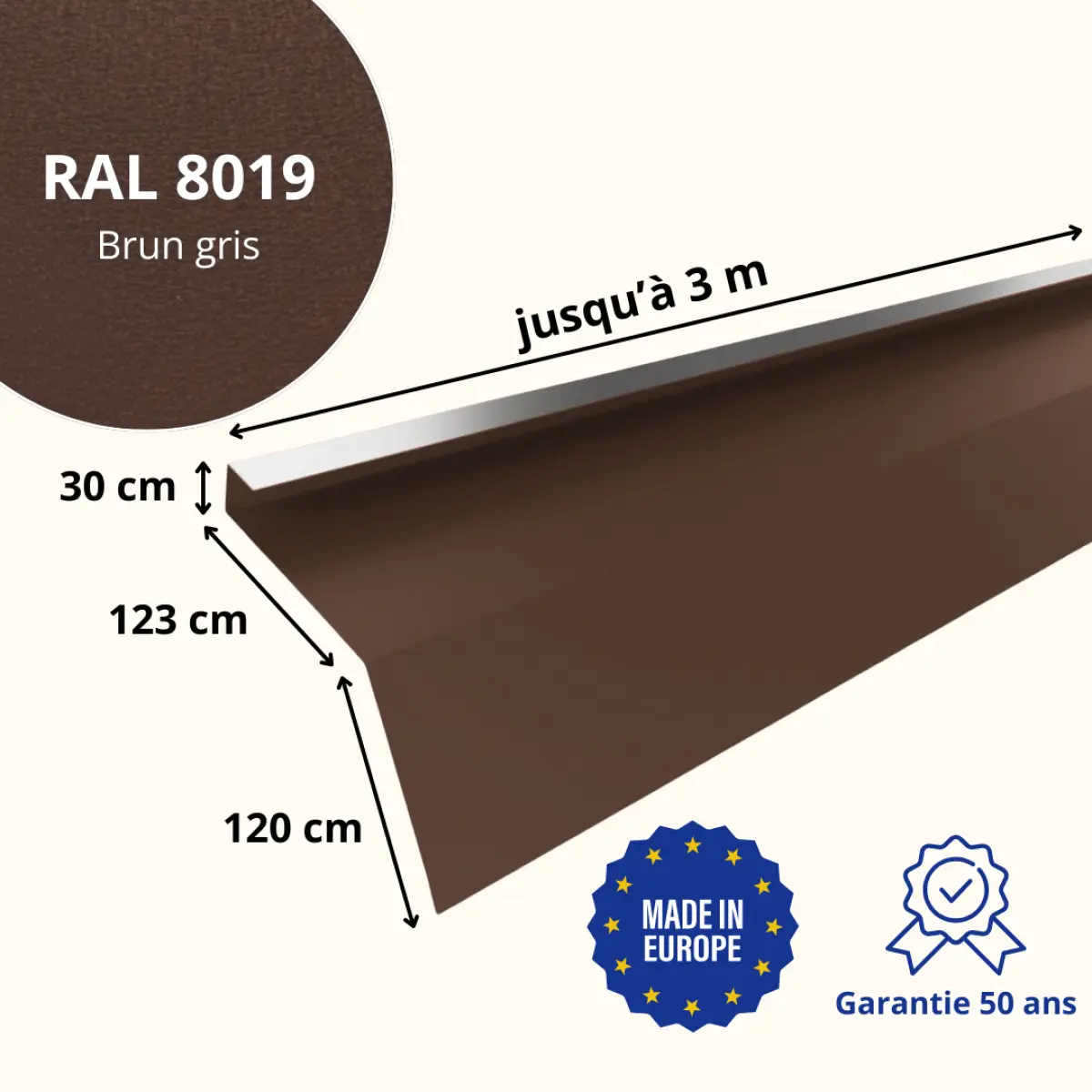 Tôle de gouttière avec surplomb pour toiture Savanna Brun Gris Mat