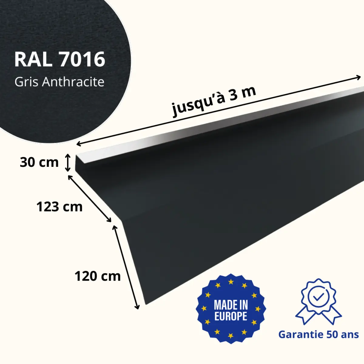 Tôle de gouttière avec surplomb pour toiture Savanna Gris Anthracite Mat