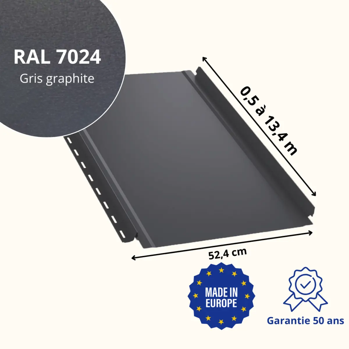 Tôle joint debout lisse Gris Graphite Mat