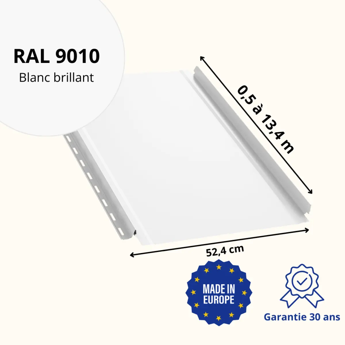 Tôle joint debout lisse Blanc Brillant