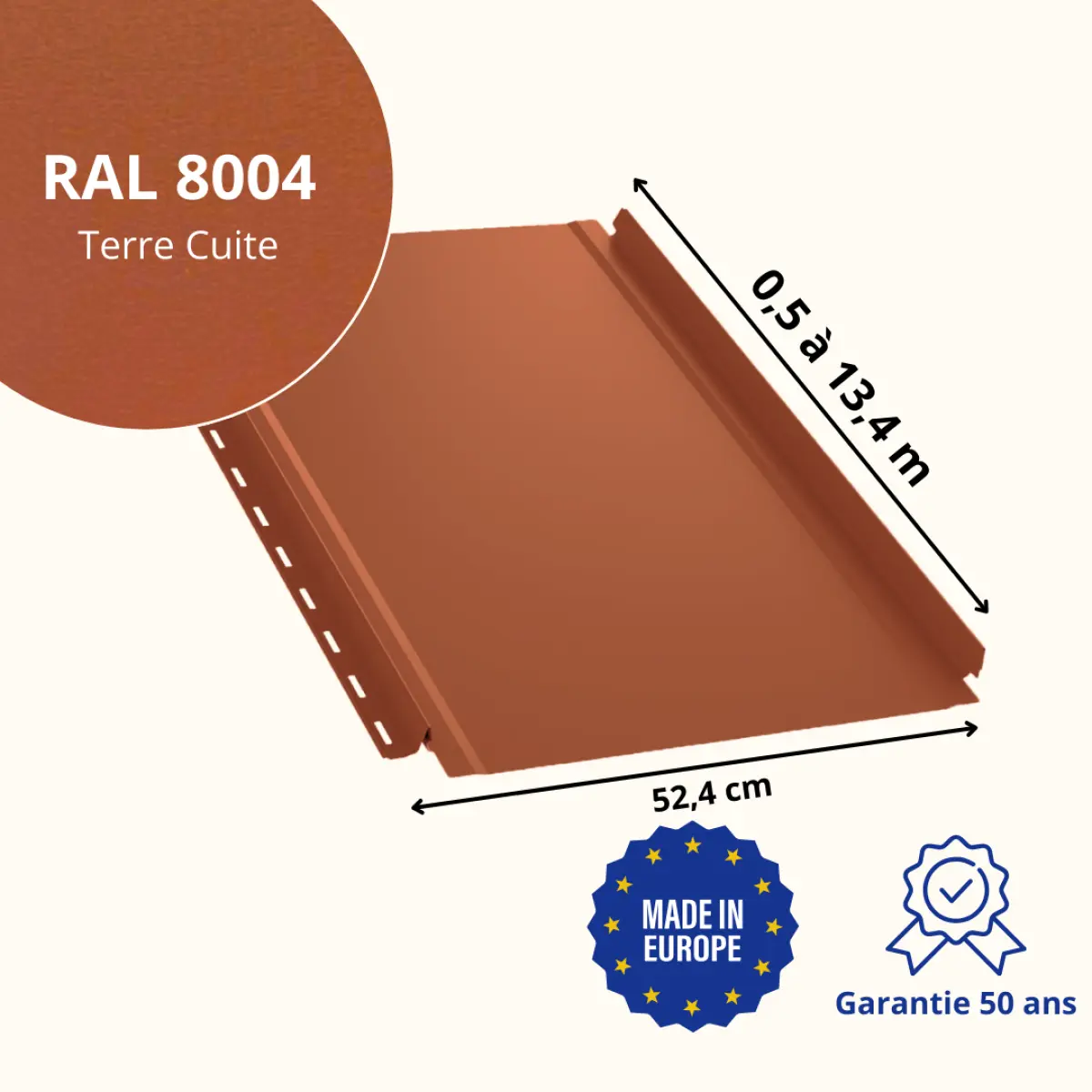 Tôle joint debout lisse Terre Cuite Mat