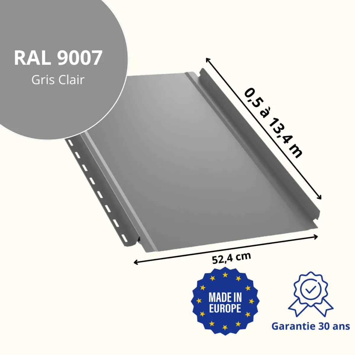 Tôle joint debout lisse Gris brillant